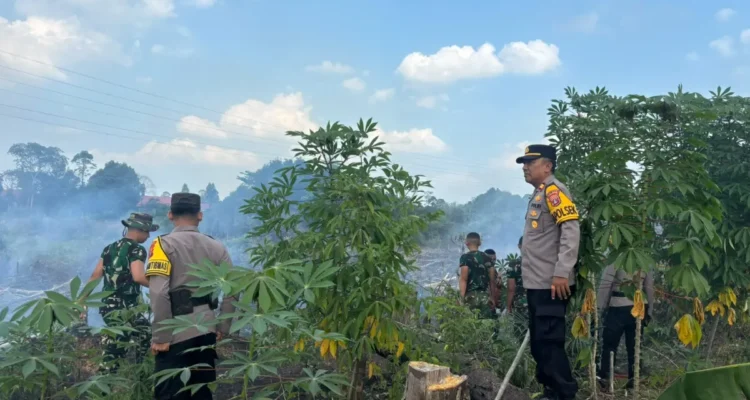 KEBAKARAN LAHAN Kapolsek Sesayap dan jajarannya bersama TNI melakukan pemadaman kebakaran lahan di Bebakung